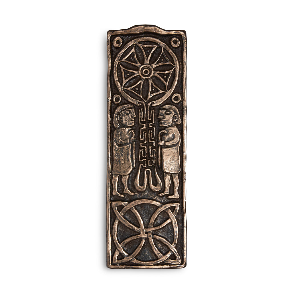 Journeys And Meetings Bronze Plaque - two people either side of the tree of life - celtic knotwork - 5cm by 14cm - pure bronze