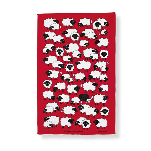 Baa Baa Sheep Tea Towel (100% Cotton, Red) - red tea towel with white sheep - one hidden black sheep - 100% cotton