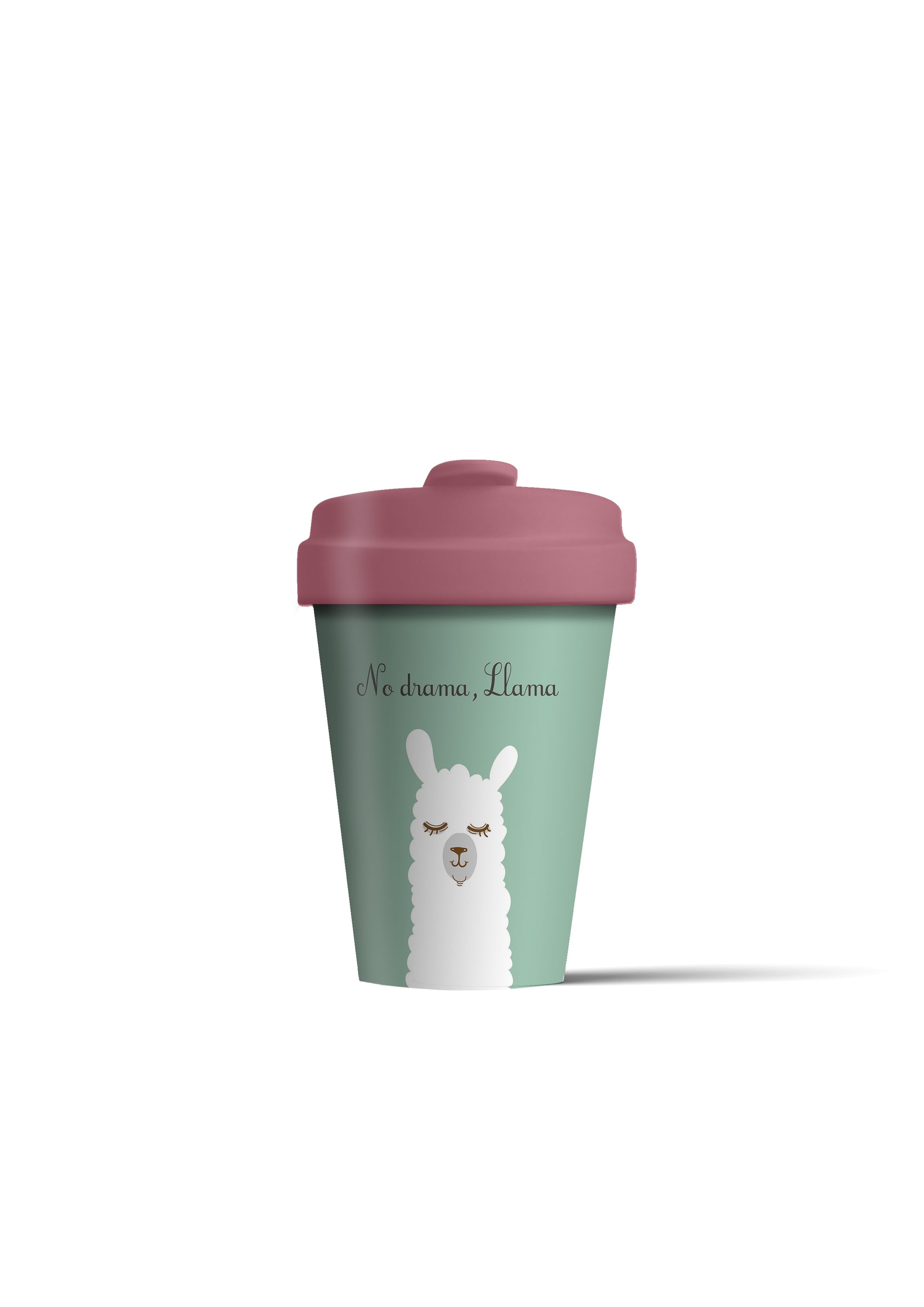 No Drama Llama - Reusable, eco-friendly coffee bamboo cup - pale green - pink lid - llama