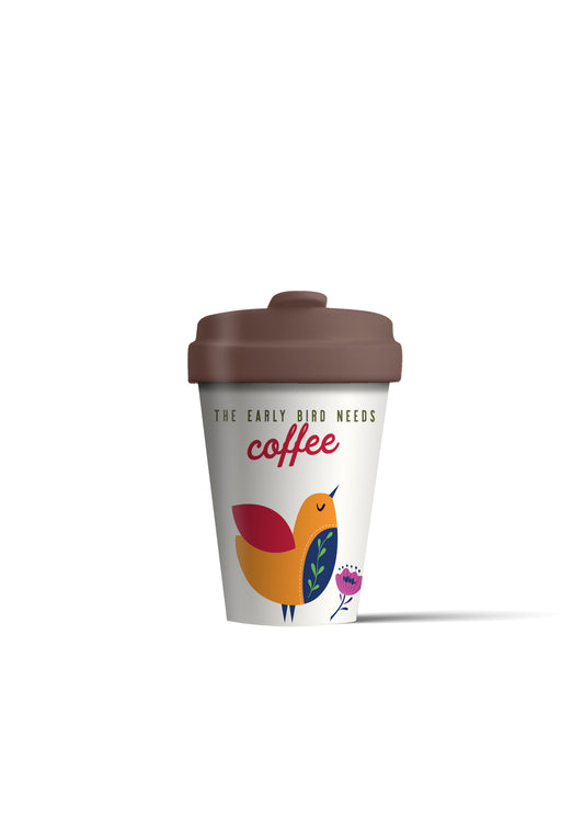 The early bird needs coffee - Reusable, eco-friendly coffee bamboo cup - white - brown lid - pretty yellow bird with writing.