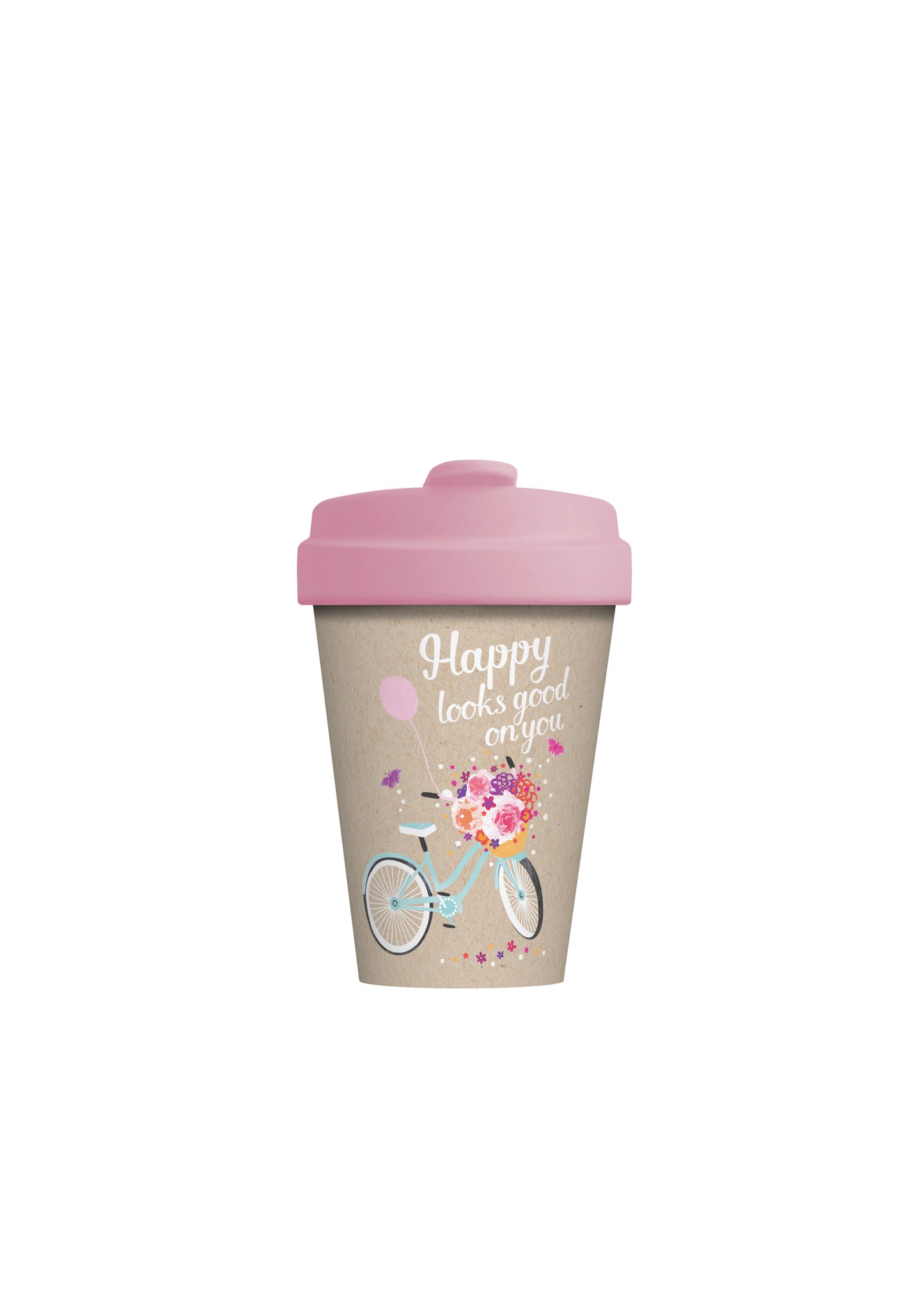 Happy Looks Good on You Bamboo Cup - Reusable, eco-friendly coffee cup - beige - pink lid - bicycle - flowers