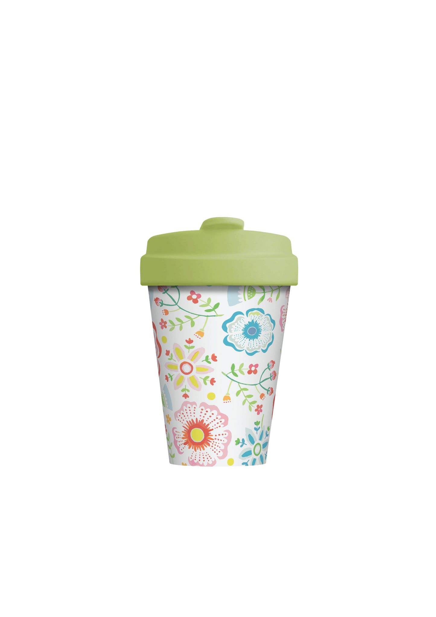 Scandinavian Floral Bamboo cup - Reusable, eco-friendly coffee bamboo cup - pastel flowers  - green lid 