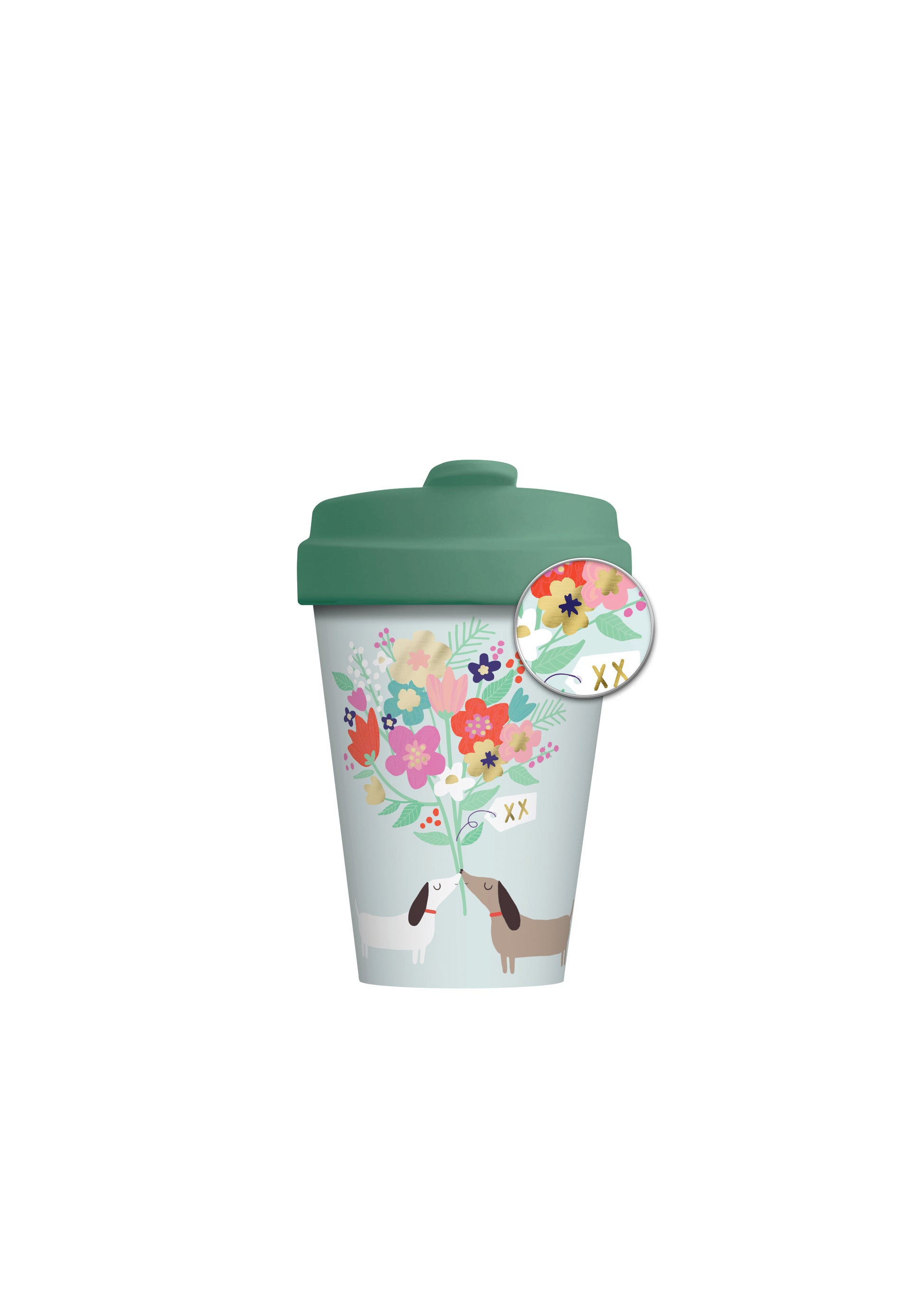 Lovely Doggies Bamboo Cup - Reusable, eco-friendly coffee bamboo cup - pale blue - green lid - kissing dogs with bouquet of flowers