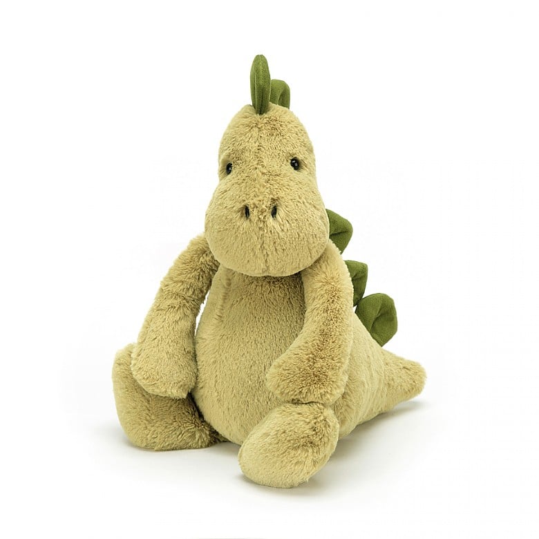 Bashful Green Dino - mossy green fur - soft toy - chunky stomper-feet - a snuggly snout - fine squishy spines from head to tail