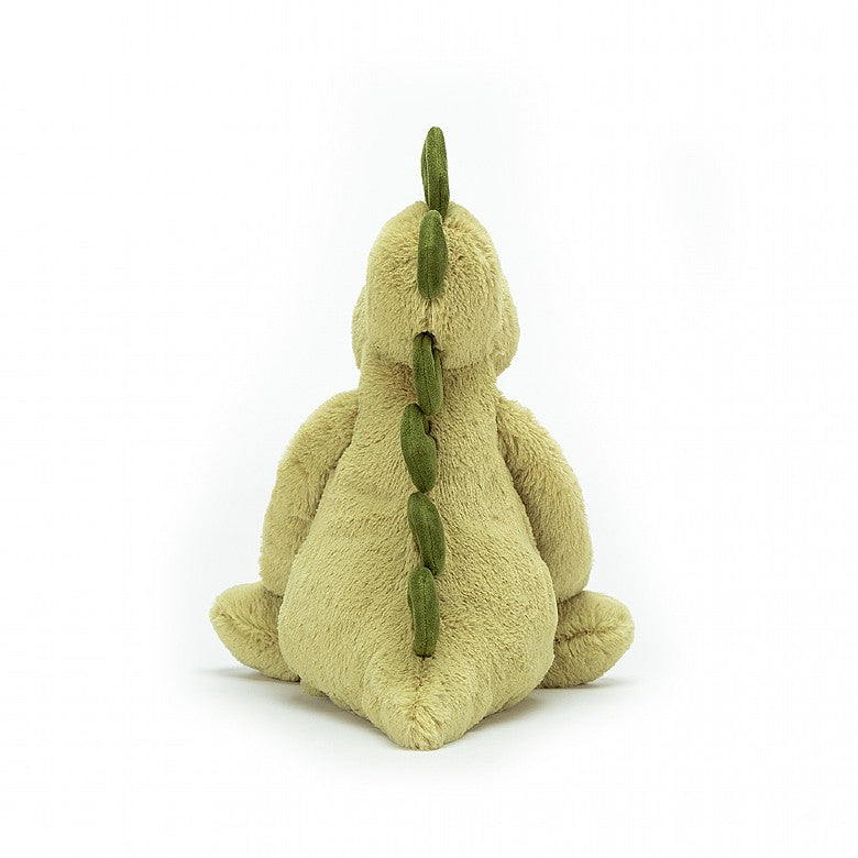 Bashful Green Dino - mossy green fur - soft toy - chunky stomper-feet - a snuggly snout - fine squishy spines from head to tail