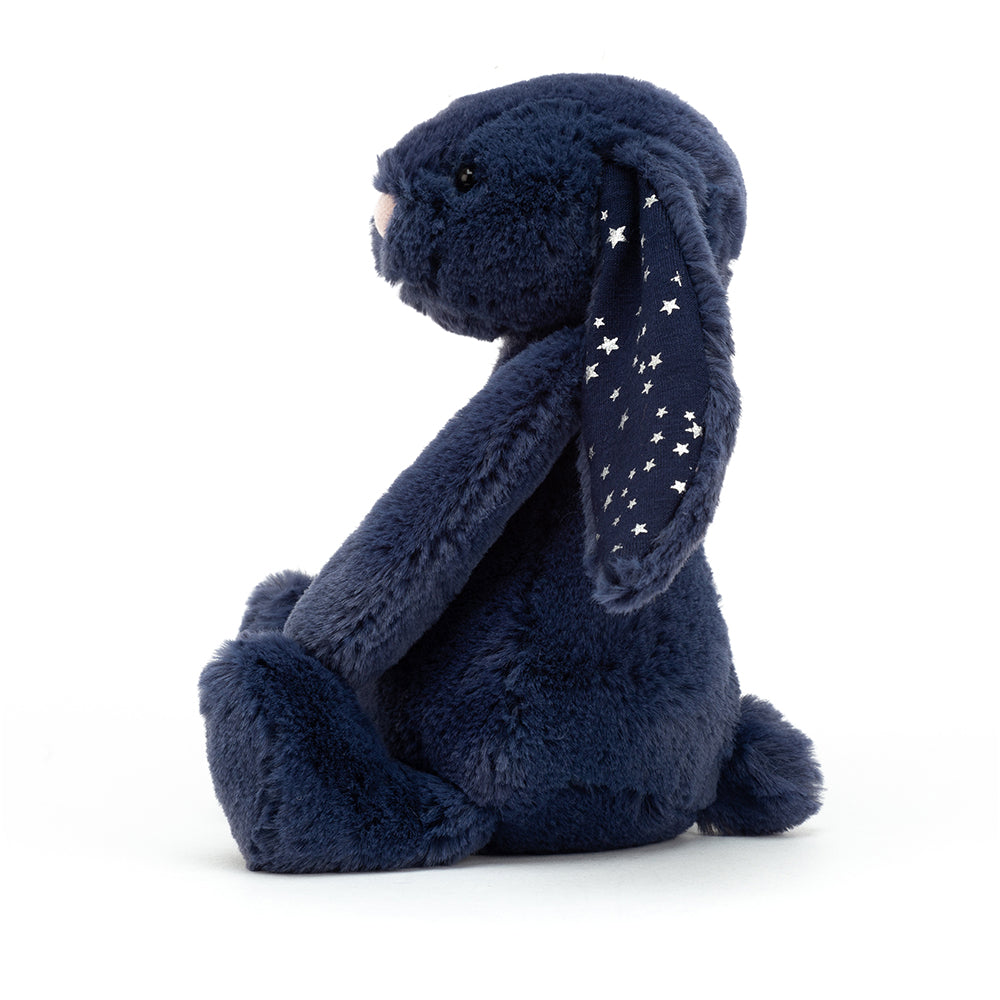 Bashful Stardust Bunny - soft toy - deep navy - ears full of twinkling silver stars