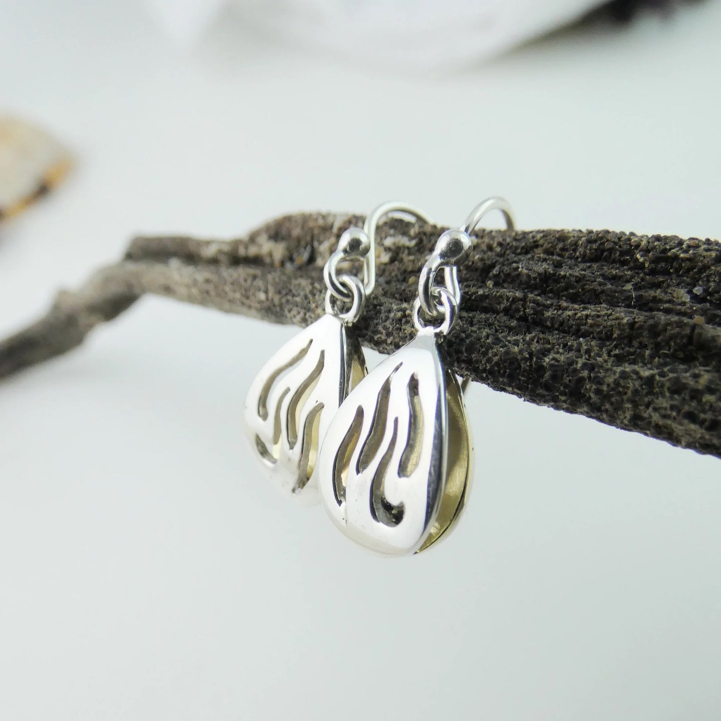 Bealtaine Earrings - shaped like the flames of fire - silver and brass - drop earrings -banshee silver