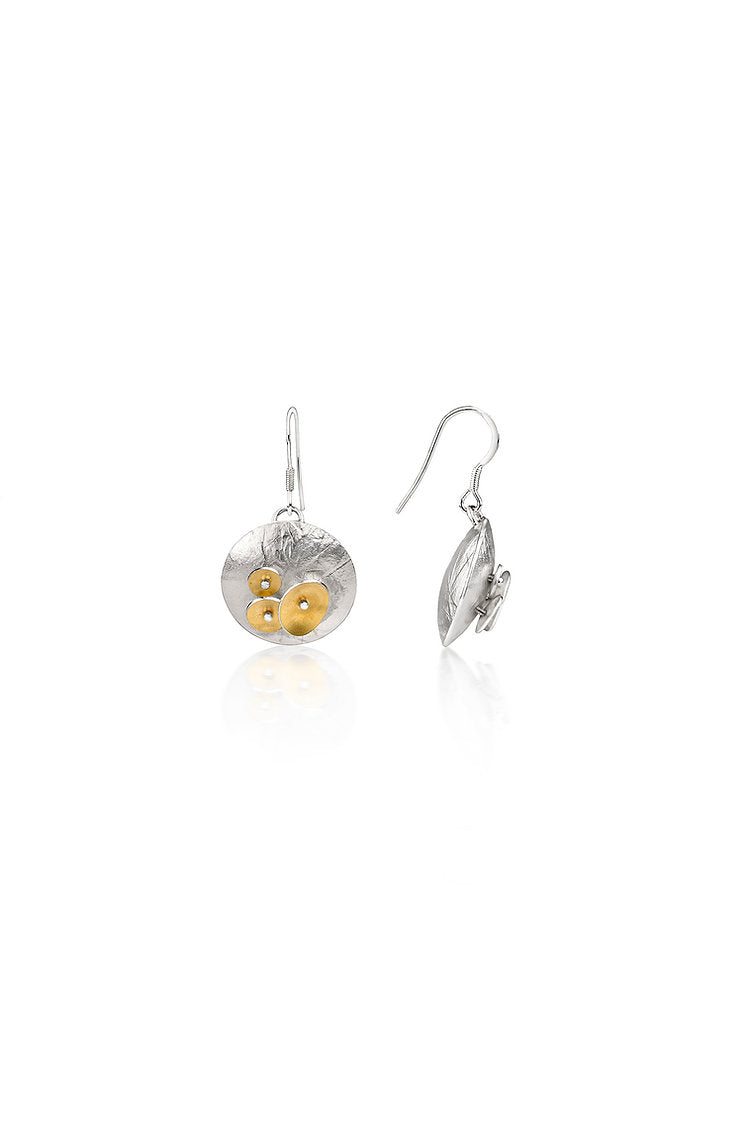 Bloom Hook Earrings - four gold discs in 22ct gold on a textured silver dome