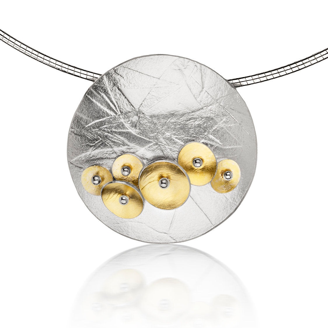 Bloom Pendant - six gold discs in 22ct gold on a textured silver dome