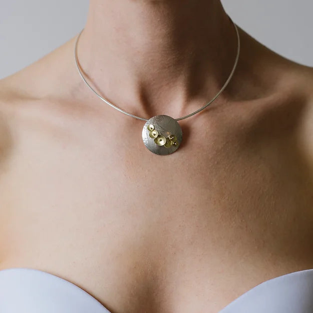 Bloom Pendant - six gold discs in 22ct gold on a textured silver dome