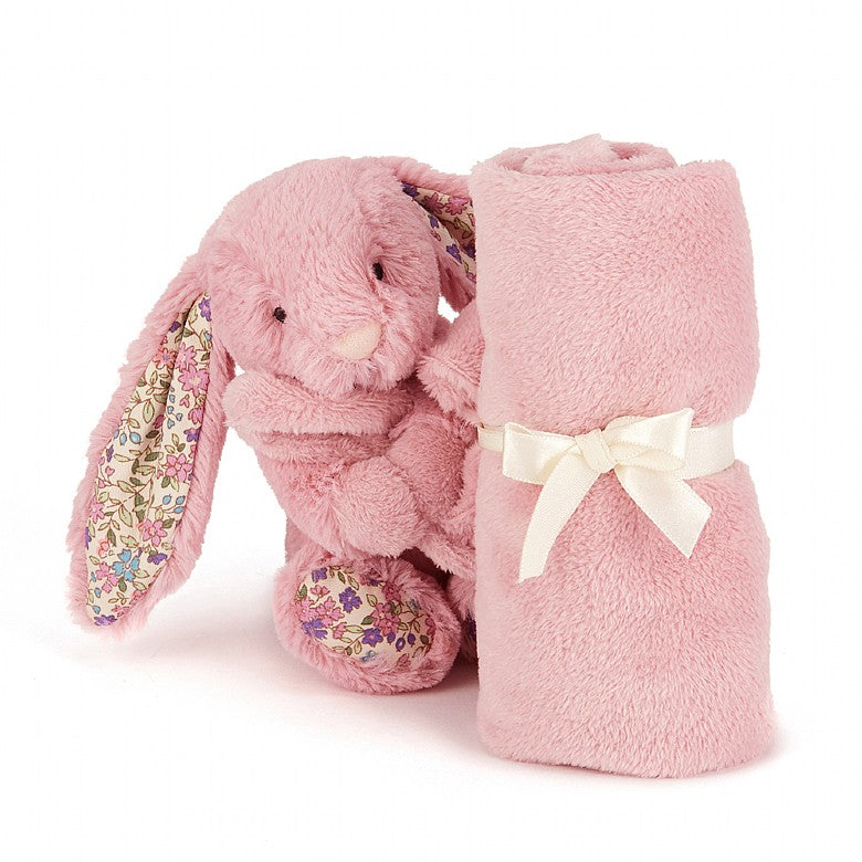 Blossom Tulip Bunny Soother - rose pink - soother and bunny together - perfect for snoozing with - blossom lined fabric ears.