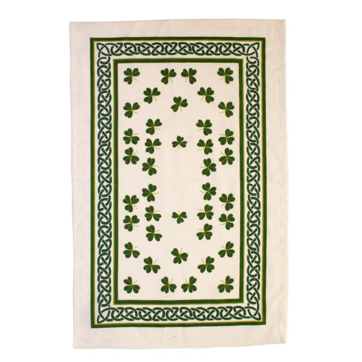 Ulster Weavers Celtic Shamrocks Tea Towel (100% Cotton) - celtic knotwork all around the edge - green and white