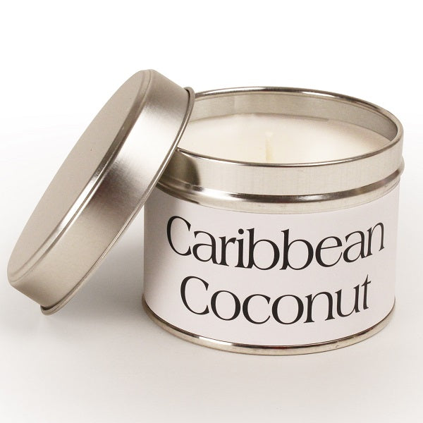 Caribbean Coconut Coordinate Candle - Approx. 8cm x 6cm - White wax and white label - Tin - Burns up to 35 hours.