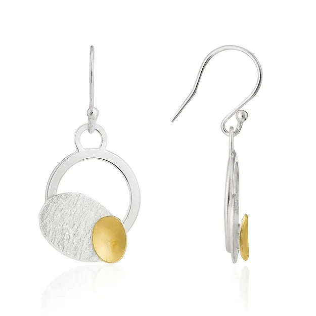 Cascade Hook Earrings - textured silver and rich 22ct gold - large silver oval and smaller gold oval