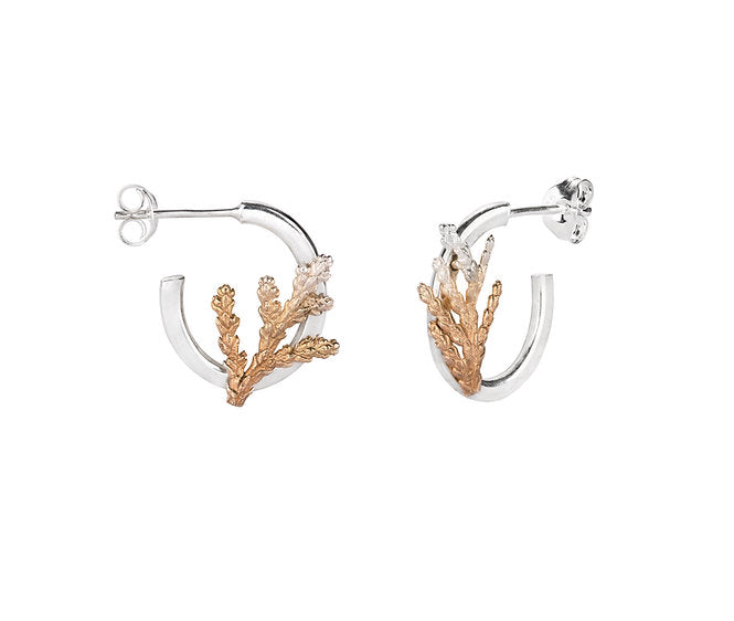  Forest Gold Small Hook Earrings - A silver forest leaf graduating to 18ct Plated Rose Gold and framed with a simple half hoop