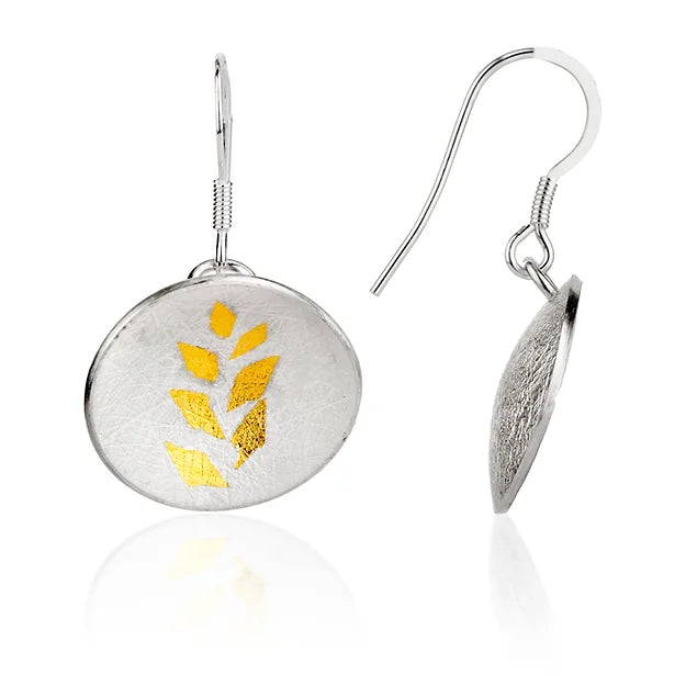 Gold Leaf Hook Earrings - A curved oval sterling silver disc - textured gold leaves