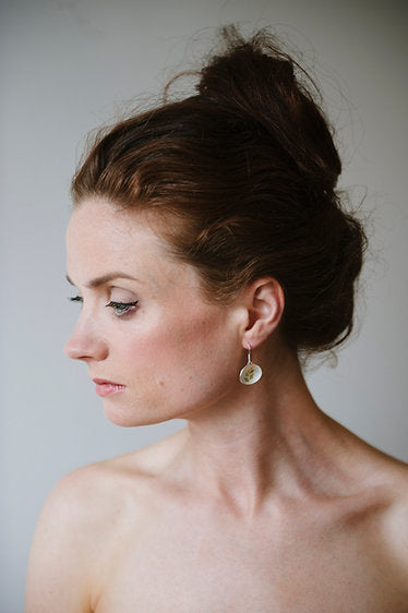 Gold Leaf Hook Earrings - A curved oval sterling silver disc - textured gold leaves