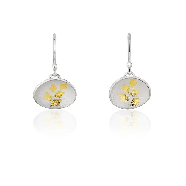 Gold Leaf Small Hook Earrings - A curved oval sterling silver disc - textured gold leaves