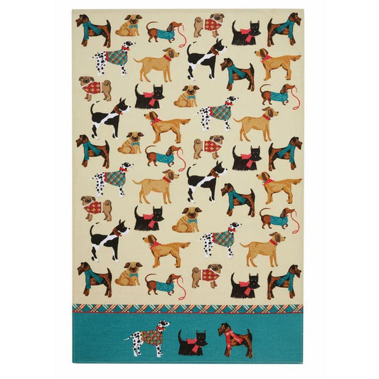 Ulster Weavers Cotton Tea Towel - Hound Dog (100% Cotton, Turquoise) - dogs wearing  country checks - woolly scarfs - tartans