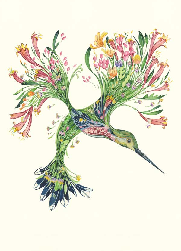 Hummingbird Card - Floral Hummingbird Flying