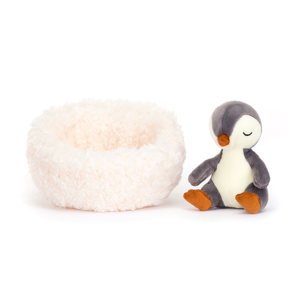 Hibernating Penguin - penguin chick - fluffy fleece nest - grey velvet - orange feet and beak