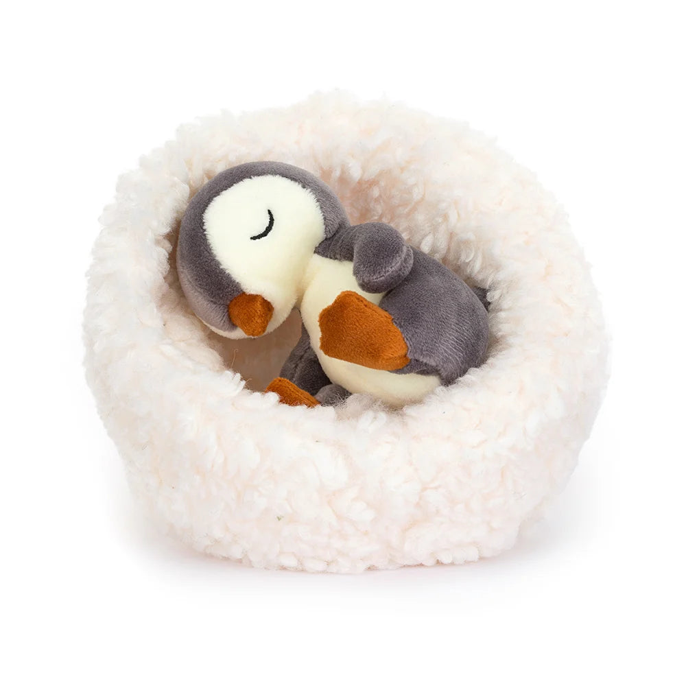 Hibernating Penguin - penguin chick - fluffy fleece nest - grey velvet  - orange feet and beak