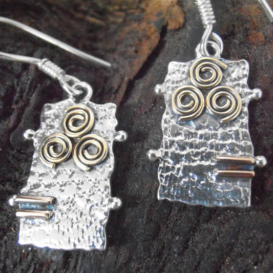 Ogham Hook Earrings - textured lace vertical rectangle shape - sterling silvers - 3 brass spirals at top- 2short lines of copper below spirals