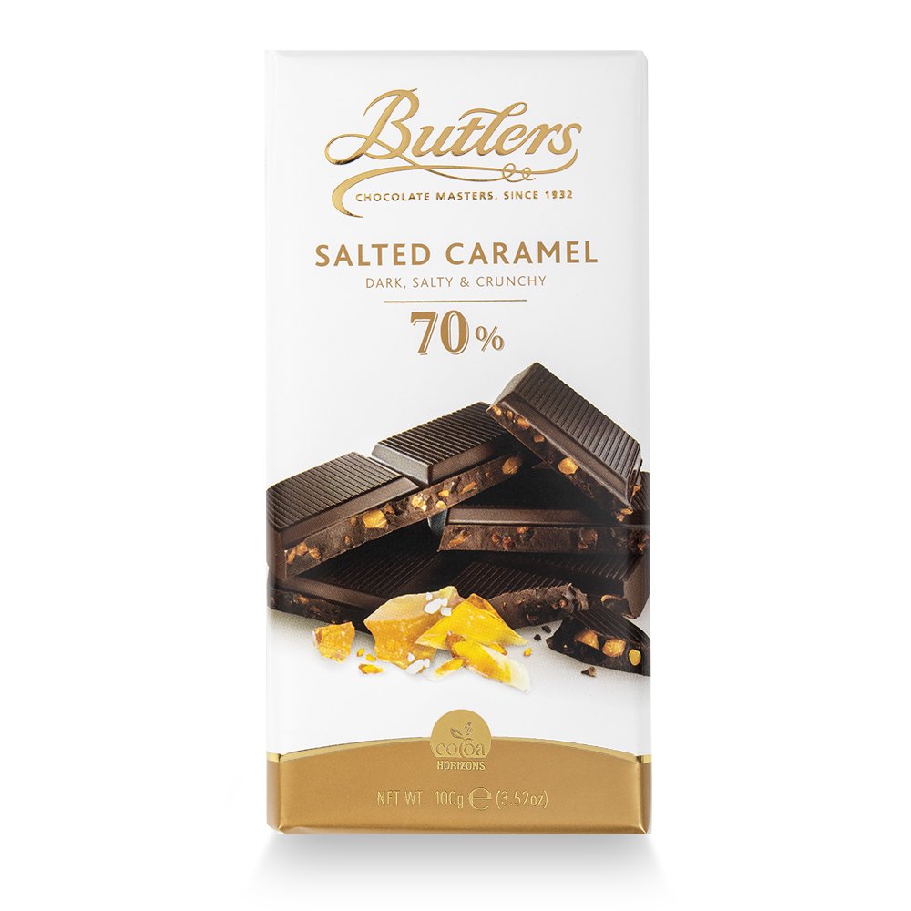 70% Dark Chocolate Bar, With Delicious Bits Of Salted Caramel Mixed In.