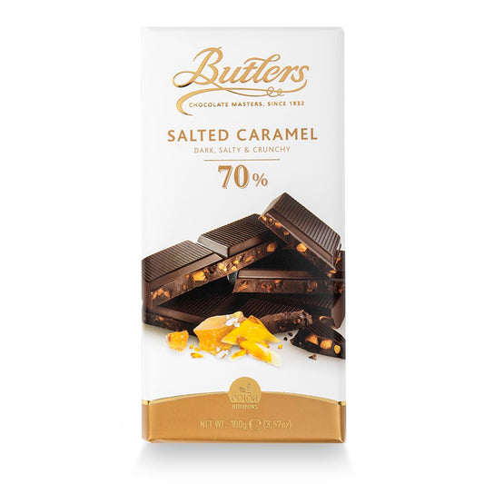 70% Dark Chocolate Bar, With Delicious Bits Of Salted Caramel Mixed In.