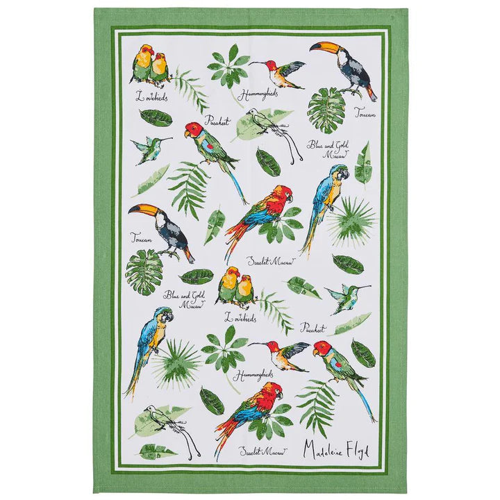 Ulster Weavers Cotton Tea Towel - Madeline Floyd Tropical Birds (100% Cotton, Green) - exotic leaf shapes - colourful birds