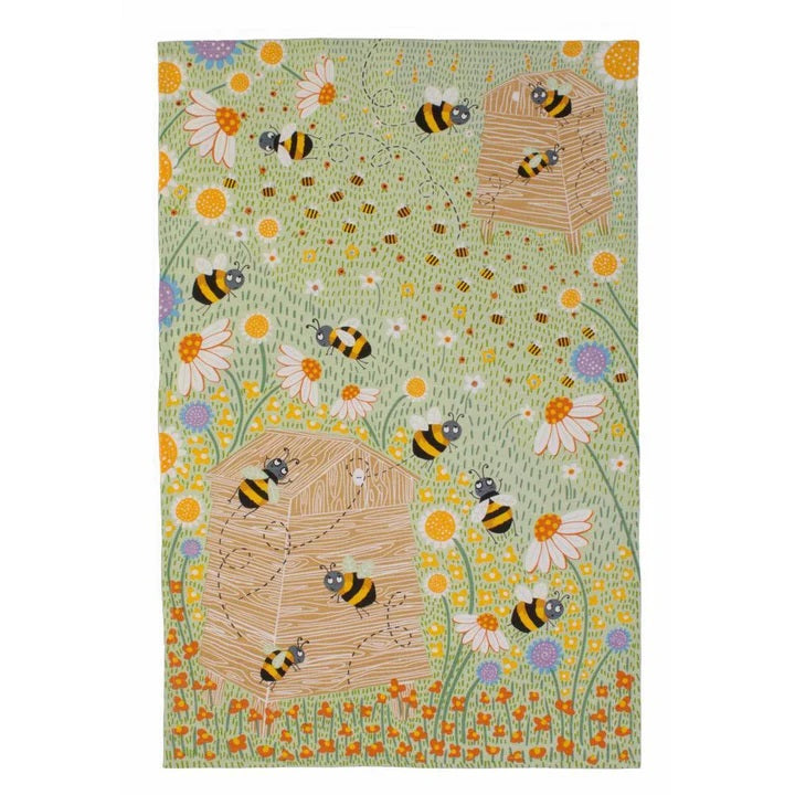 Ulster Weavers Cotton Tea Towel - Daisy Bees (100% Cotton, Yellow) - bright - cheerful - bees - hives - daisies