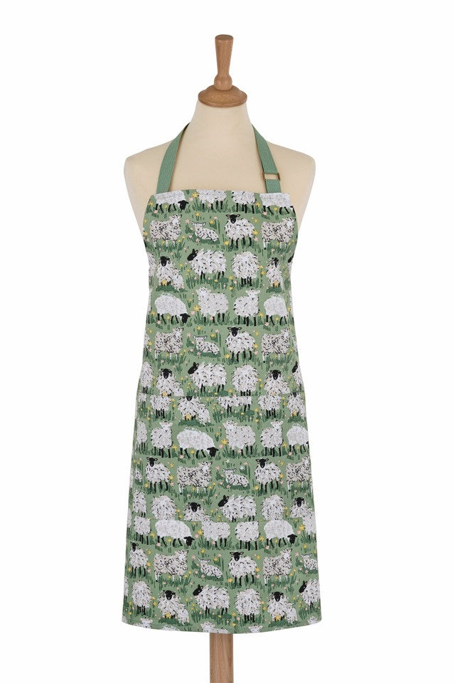 Ulster Weavers Apron - Woolly Sheep (100% Cotton Green) -  front patch pocket - adjustable neck and waist ties