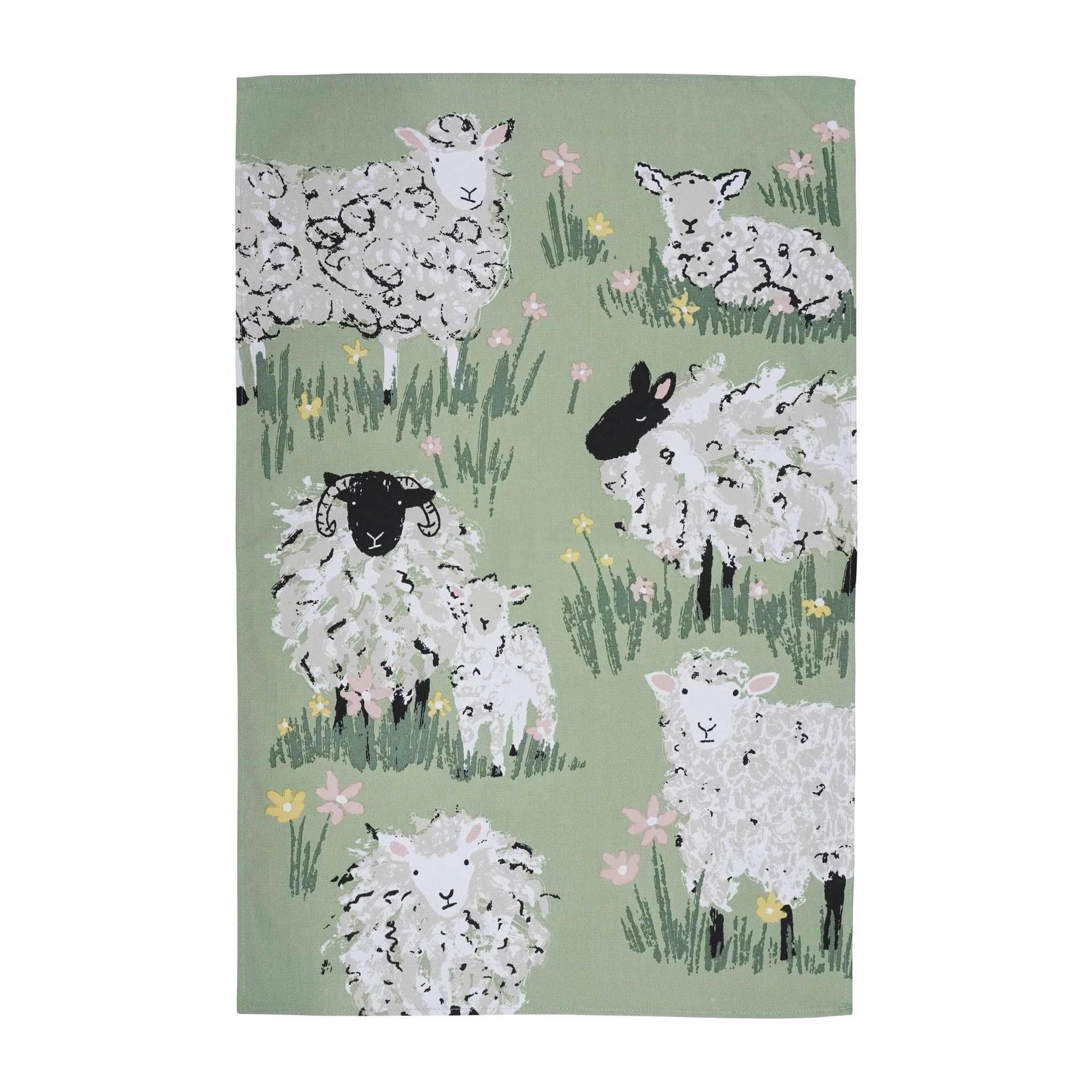 Ulster Weavers Woolly Sheep Tea Towel (100% Cotton) - green meadow with sheep