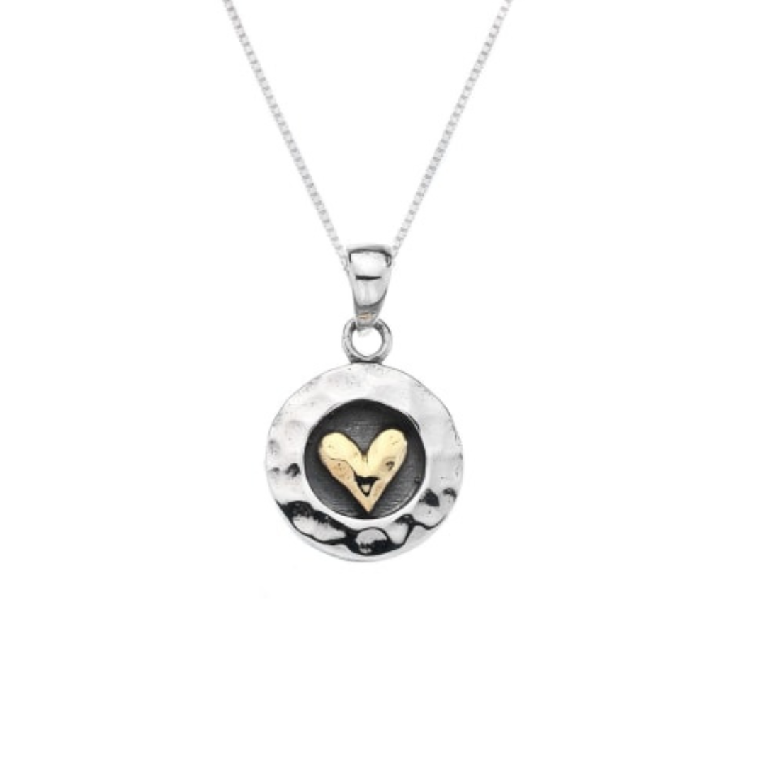 Round Heart Pendant - hammered circle pendant - sterling silver - brass heart in middle - oxidised silver around brass heart