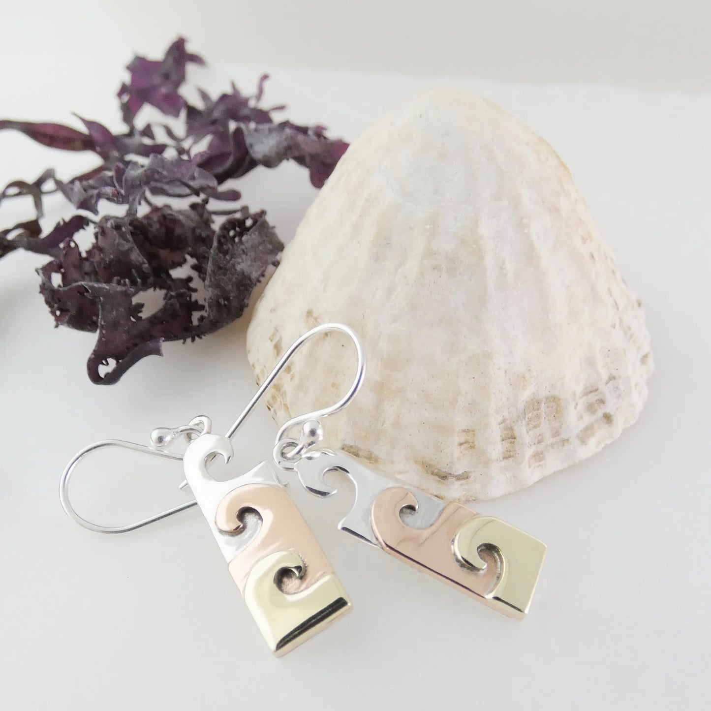 Wave Hook Earrings - vertical rectangle- 3 waves - sterling silver - copper - brass