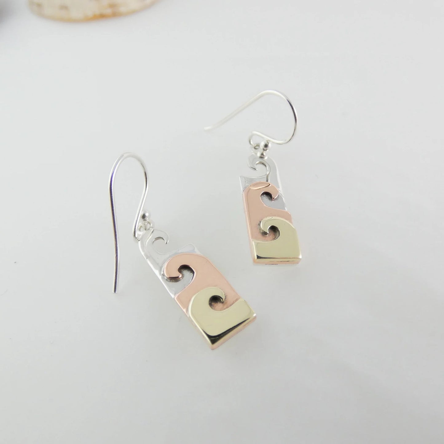 Wave Hook Earrings - vertical rectangle- 3 waves - sterling silver - copper - brass