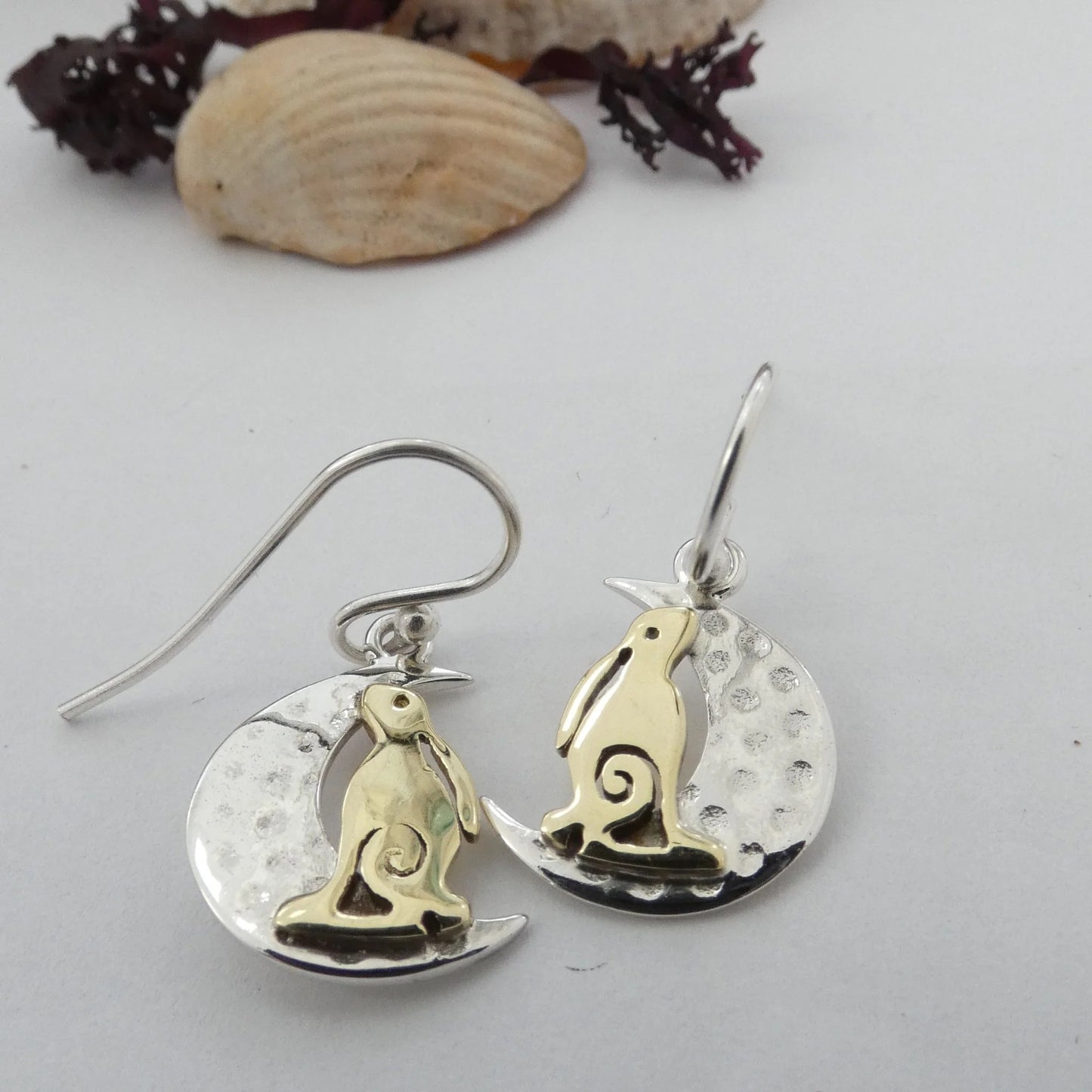 The Hare And The Moon Hook Earrings - brass hare - hammered silver crescent moon - sterling silver