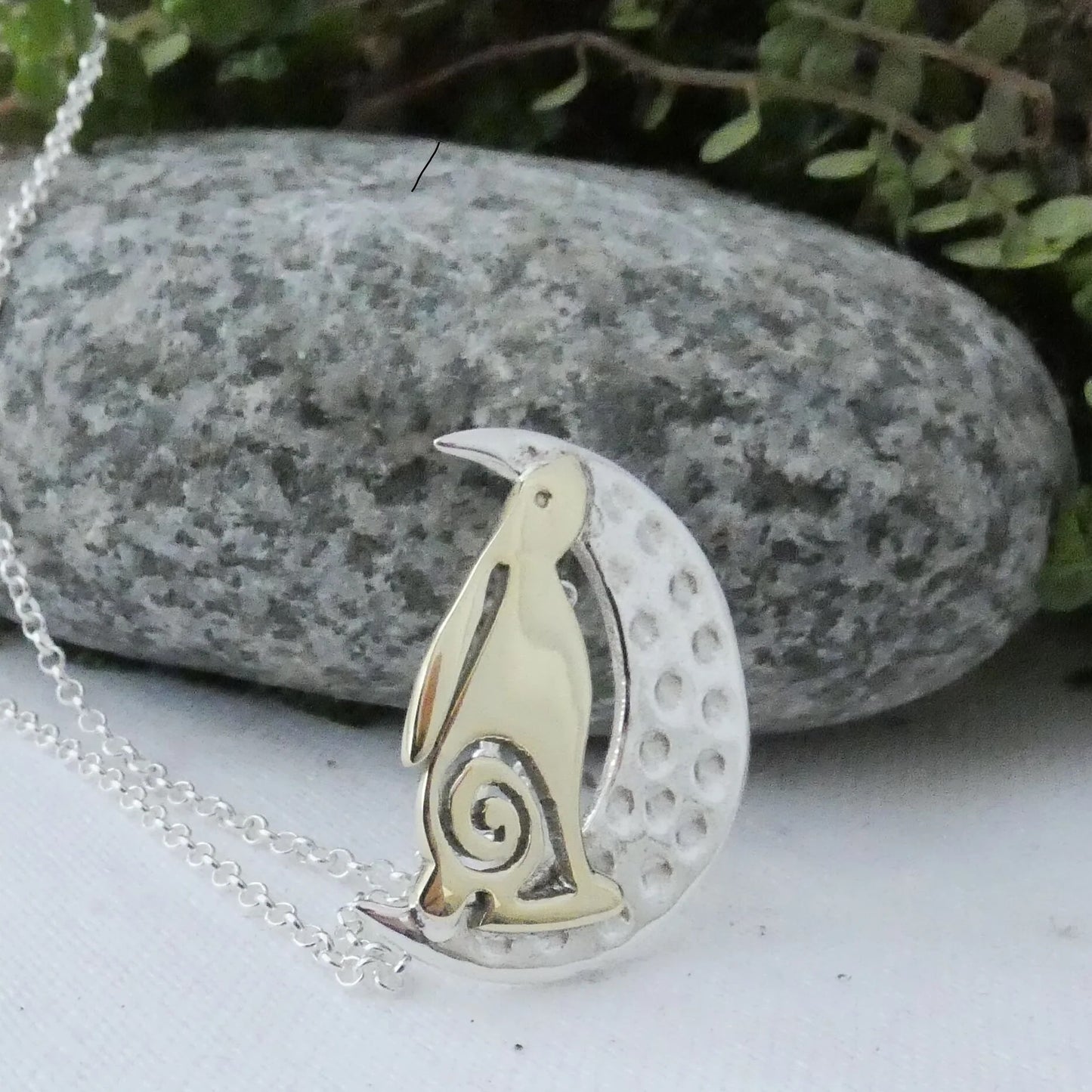 The Hare And The Moon Pendant - brass hare - hammered silver crescent moon - sterling silver
