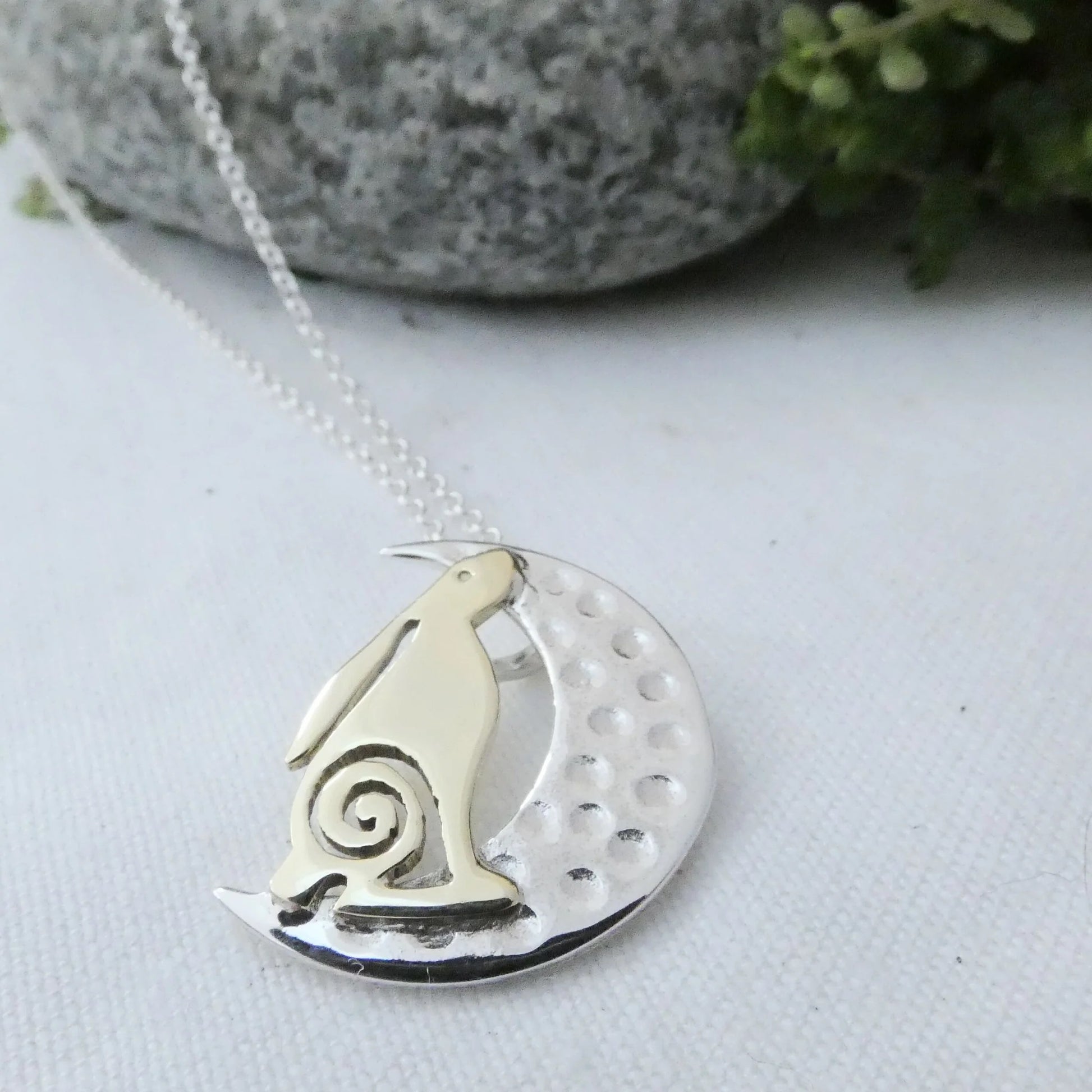 The Hare And The Moon Pendant - brass hare - hammered silver crescent moon - sterling silve