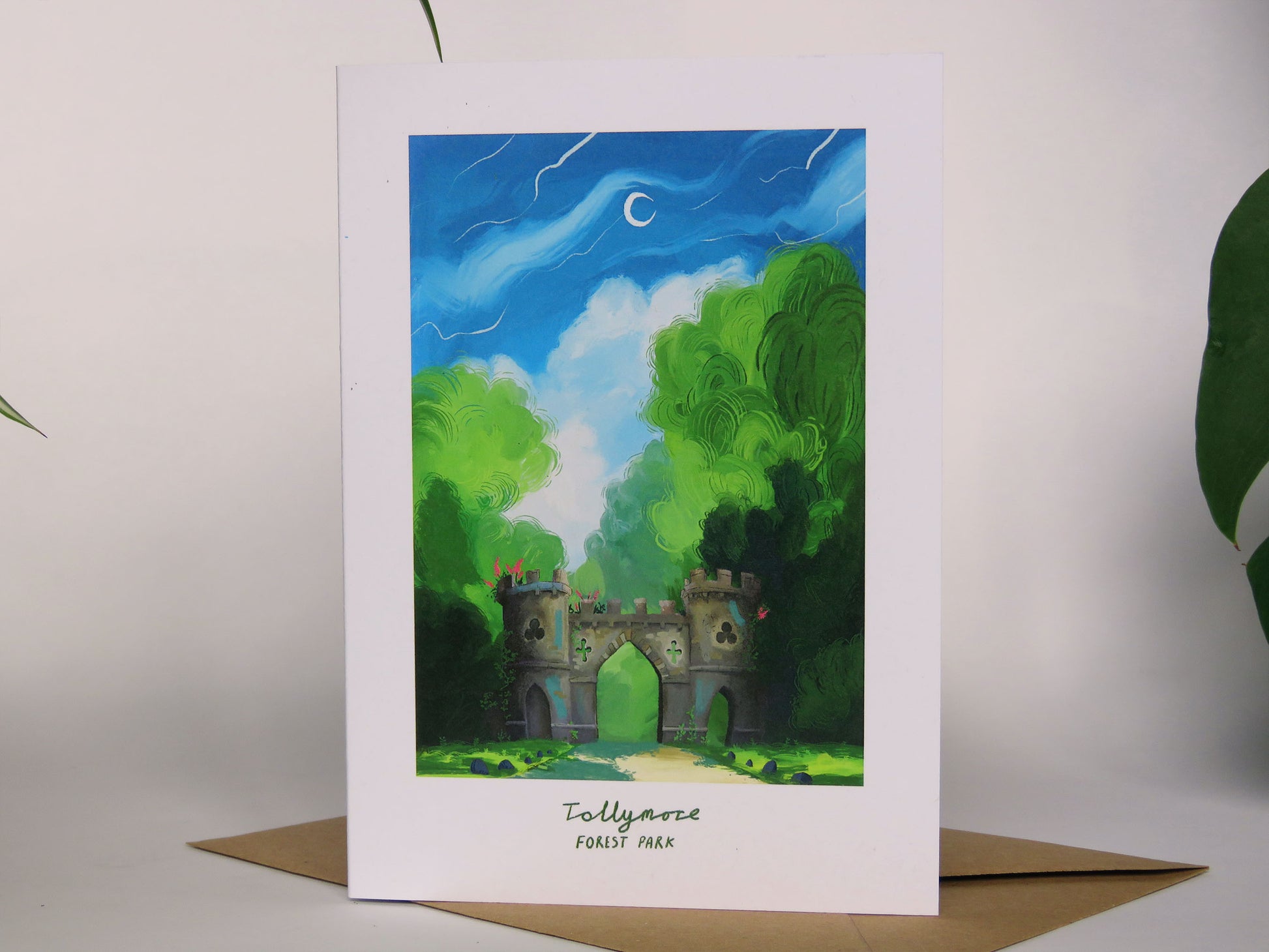 Tollymore Forest Park Gates Card - A6 card - tollymore gates - trees in the background - blue sky