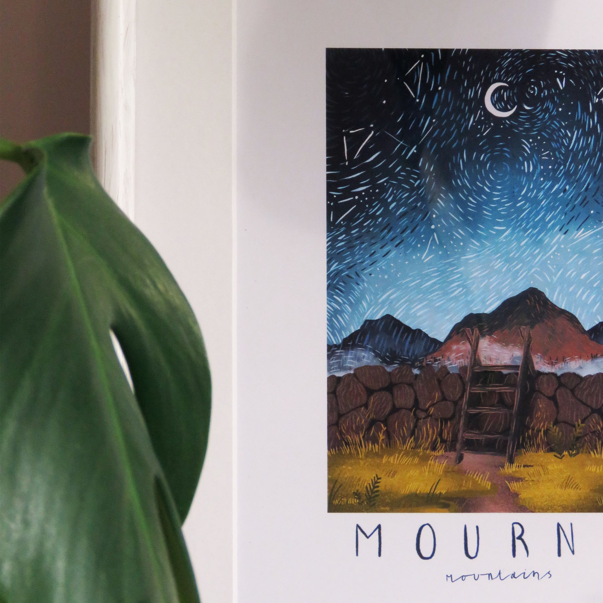 Up In The Mournes Print - A4 print - An illustration of a magical view up in the Mourne Mountains with a van gogh inspired sky - stile over mourne wall